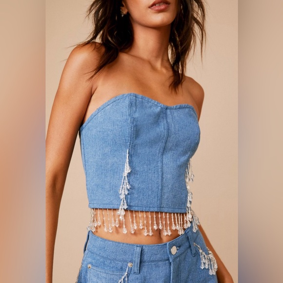 Nasty Gal Tops - Premium Chandelier Embellished Denim Bustier Top